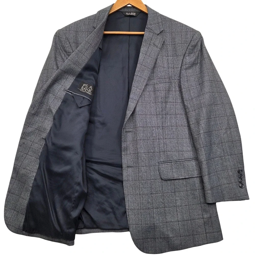Jos A Bank Traveler's‎ Collection 42R Tailored Fit Wool Windowpane Blazer Blue